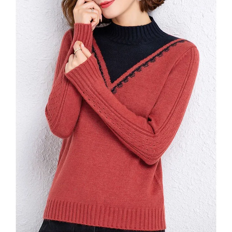 New Autumn Winter Fashion Trend Fake Two Piece Color Block Half High Neck Loose Versatile Warm Women\'s Knitted Sweater