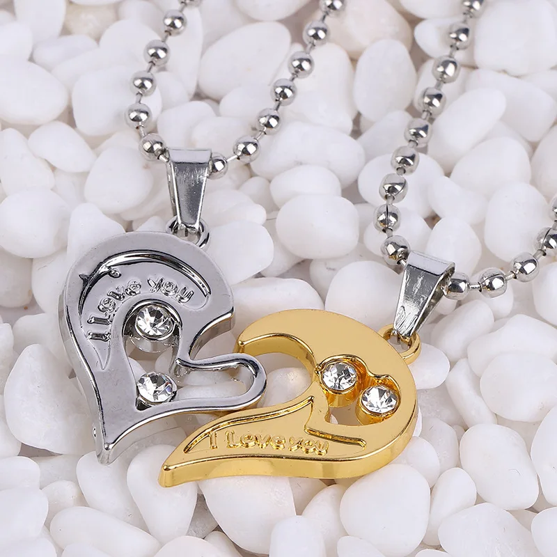 loving couple A pair of heart-shaped diamonds necklace Couple Friendship Puzzle CZ Love Matching I love you Heart Pendants Set