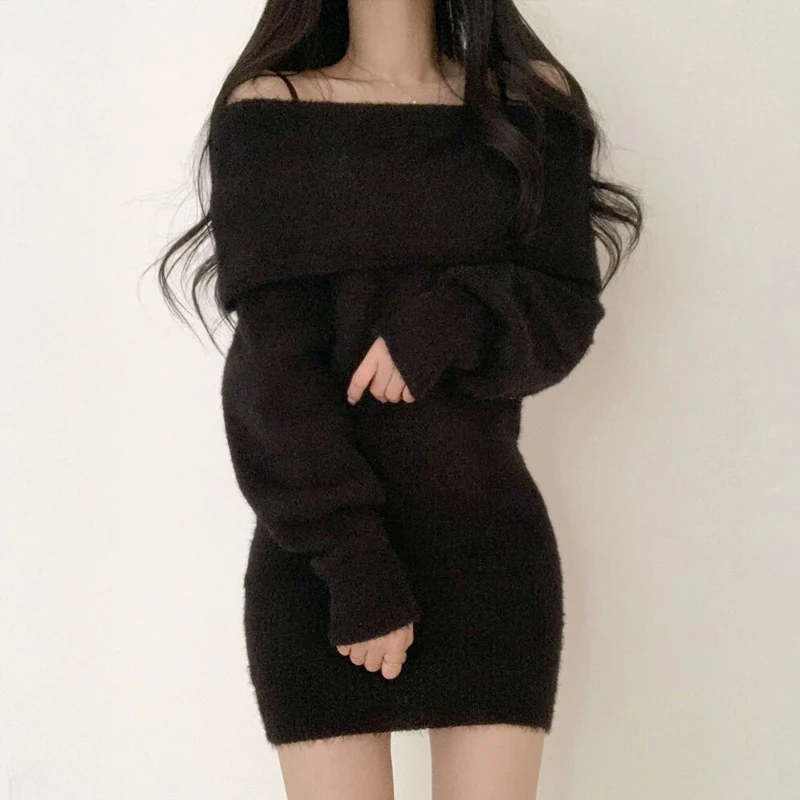 Vestido Curto de Malha Slim Fit com Design de Ombro Descoberto e Torcido, Camada Base + Top Sem Mangas para Moda Fena de ...