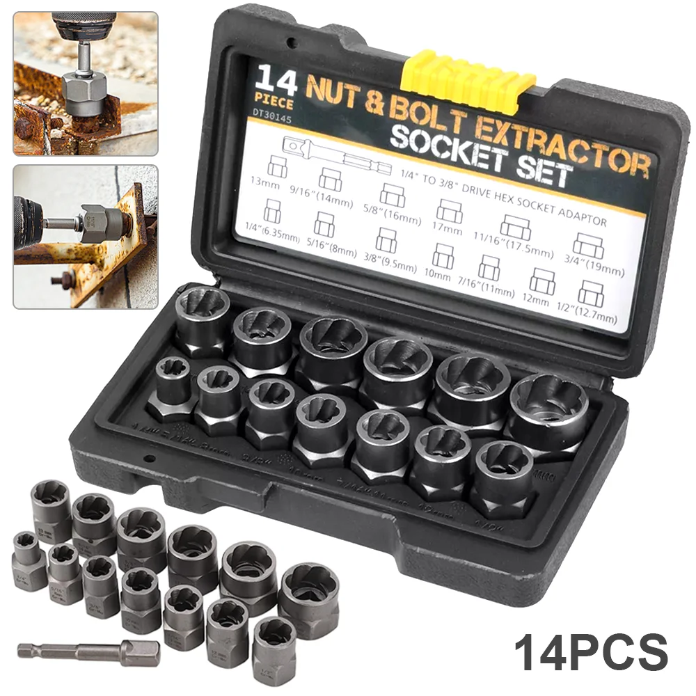 14 Pieces Impact Bolt & Nut Remover Set Cr-Mo Steel Bolt Extractor Tool Set with Solid Storage Case for Industrial Drop Shipping
