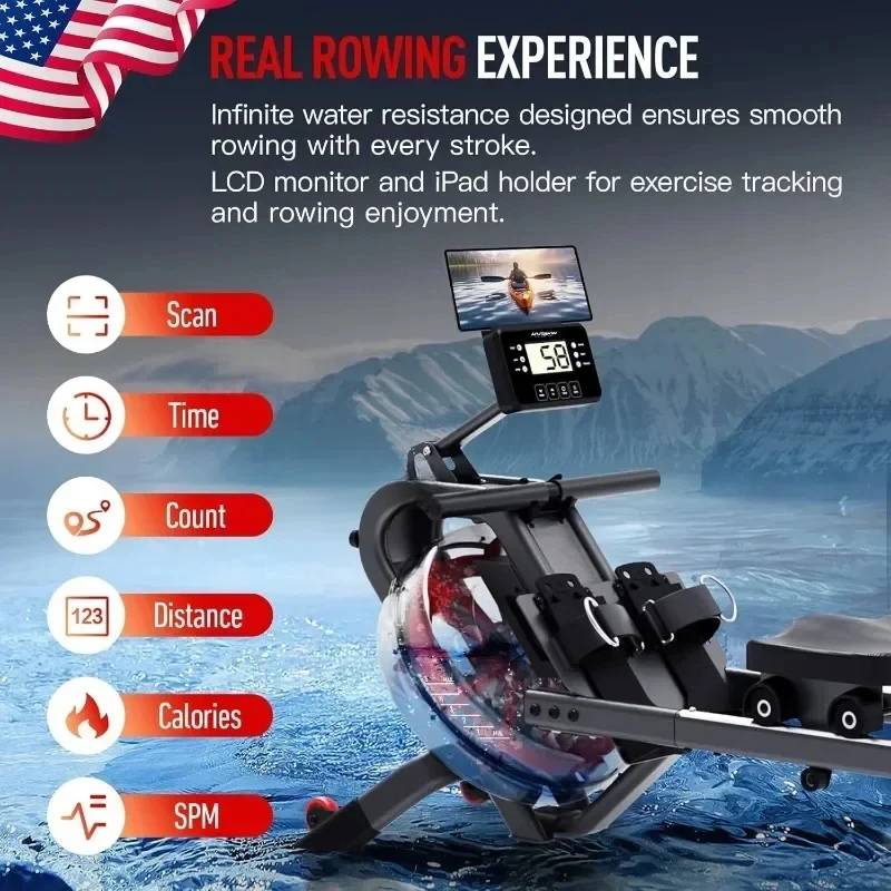 Water Rowing Machine for Home 350 LBS Weight Capacity Foldable Rower Machine with LCD Monitor Dual Slide Rails Fitness