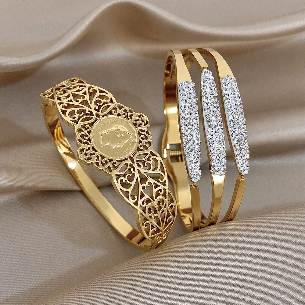 AENSOA Fashion Hollow Carved Human Head Bracelet Three-layer Diamond-encrusted Fine Stripe Cuff Bangles 2pcs/set Jewelry Set