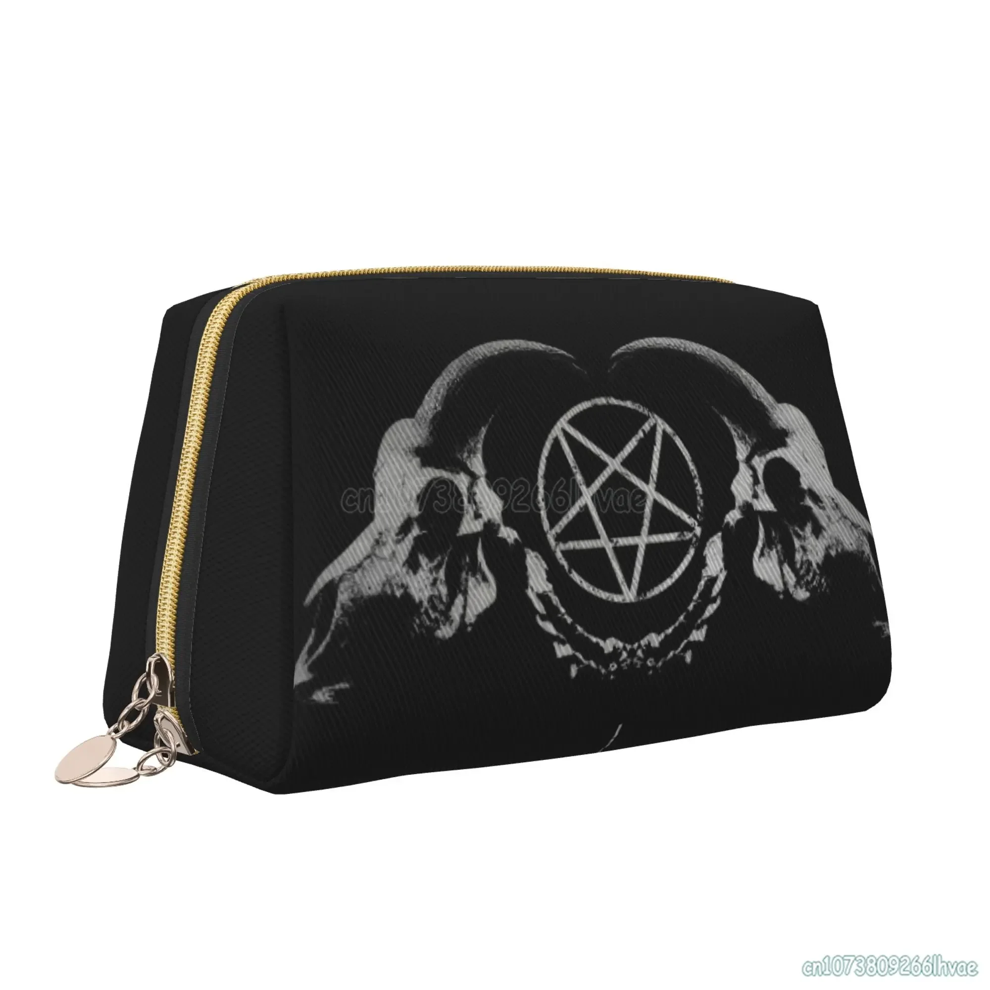 Pentagram Satantic Occult Church of Satan Goat Goth Leather Portable Makeup Bag Large Travel Cosmetic Bag Waterproof Pouch Bags