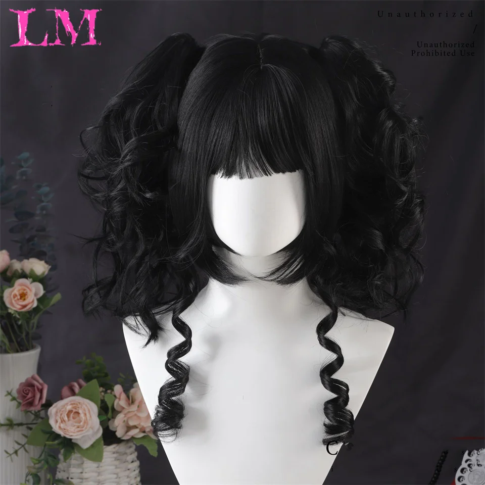LM Synthetic Wigs Princess Cut Ponytail Lolita Wig With Bangs Wig Girl Cute Ombre Blonde Black Cosplay Halloween Wig