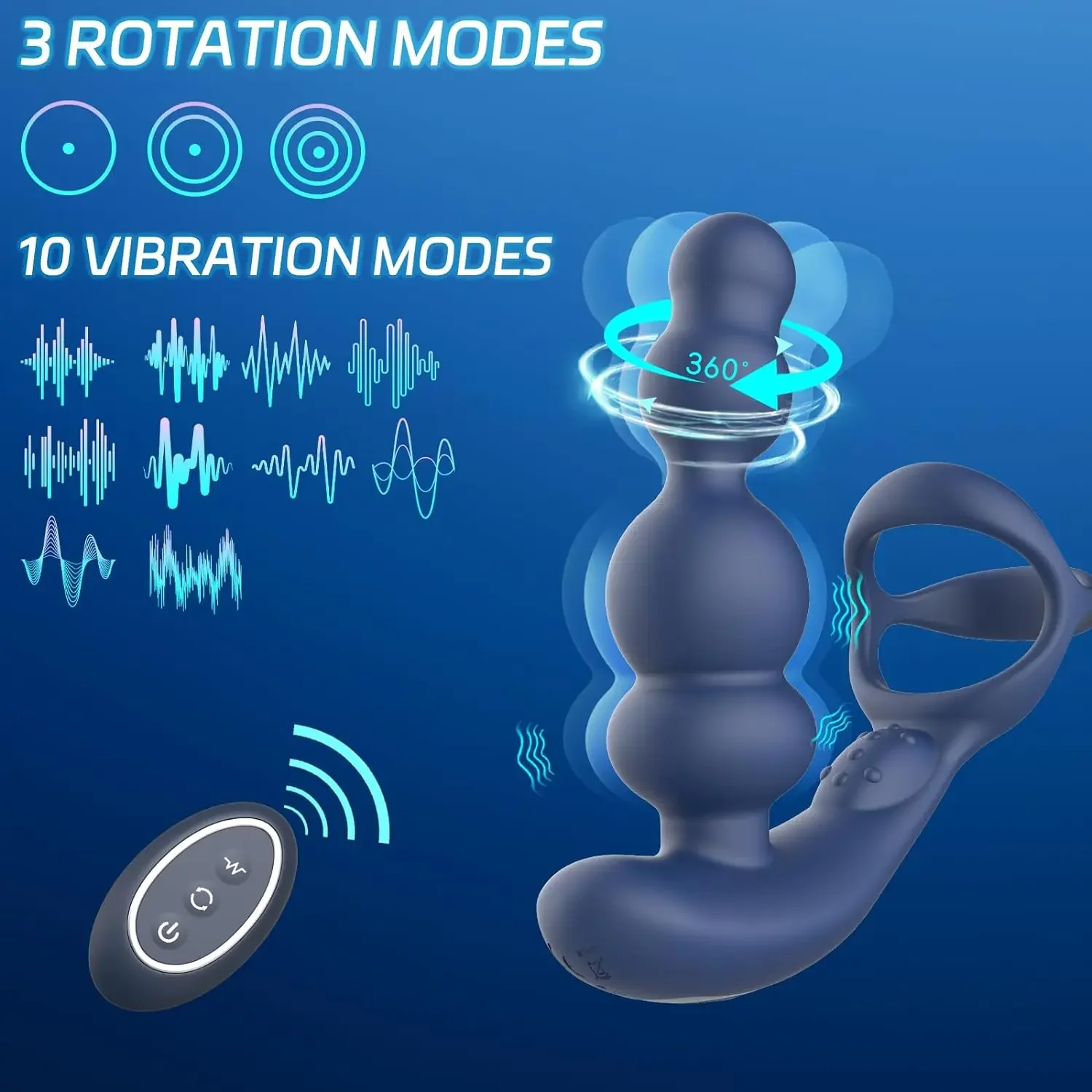 Male Prostate Massager 360° Rotation Anal Vibrator with Penis Ring Butt Plug Remote Control Wearable Anus Sex Toy for Men Gay