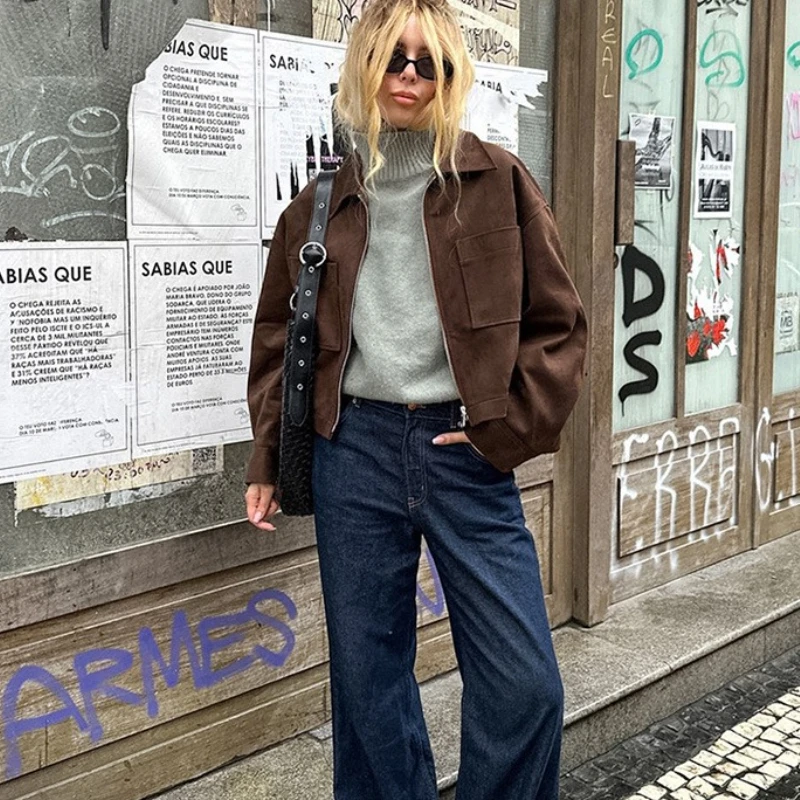 

TARUXY Fashion Lapel Collar Zipper Jacket Women's Casual Solid Suede Full Sleeve Coat 2025 Lady Autumn Chic High Street Outwear