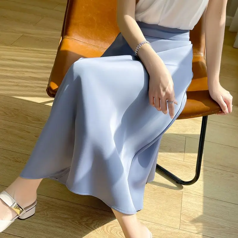 

Silk Satin A-Word Big Swing Skirt' Ladies New High-Waist Hip Long Skirt 2024 Summer Fashion Solid Wild Mulberry Silk Skirt New