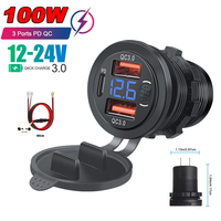 100W Quick Charger Three Ports Dual QC3.0 & PD Type C Car Charger with Voltmeter Switch Button for 12V/24V Cars Boats Motorcycle