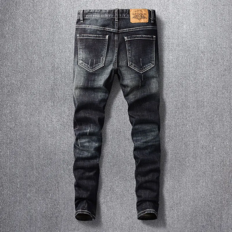 High Street Fashion Men Jeans Retro Black Blue Slim Fit Vintage Ripped Jeans Men Patches Designer Hip Hop Denim Pants Hombre