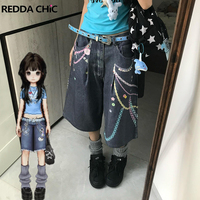 ReddaChic Y2k Printing Women Jeans Jorts Colorful Chain Pleated Front Pockets Wide Leg Denim Shorts Skater Dancer Summer Clothes