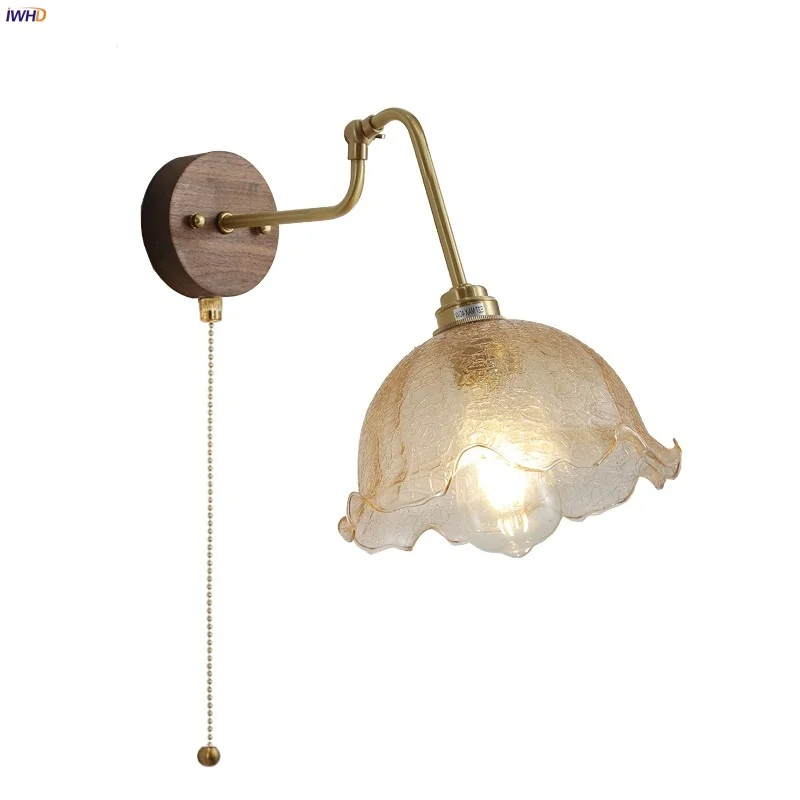 

IWHD Up Down Rotate LED Wall Lights Pull Chain Switch Bedside Lamp Amber Glass Nordic Modern Walnut Canopy Stair Light Fixtures