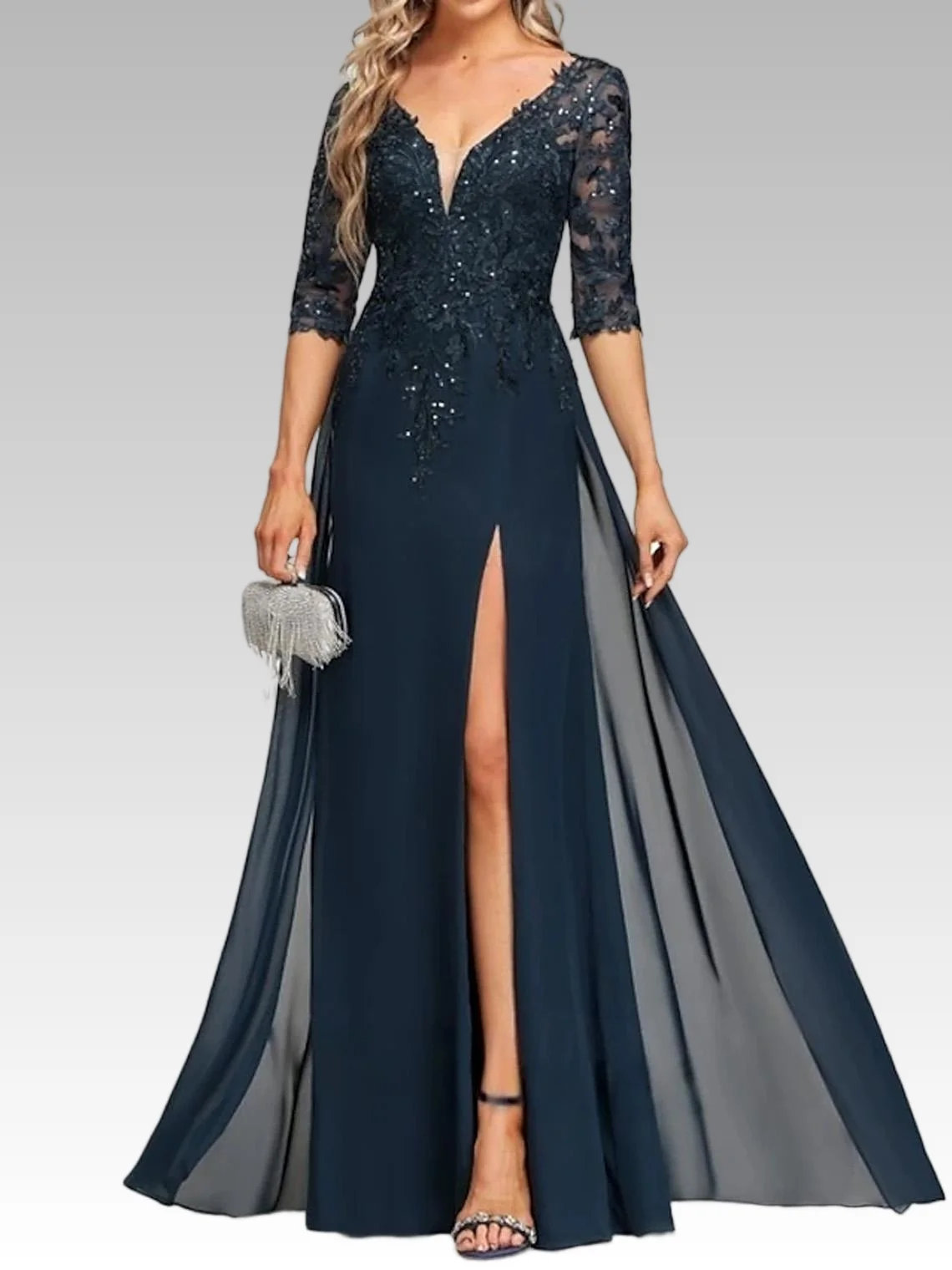 

Elegant A-Line Chiffon Dress V Neck Floor Length Half Sleeve Appliques Mother of the Bride Gown 2025 free customized