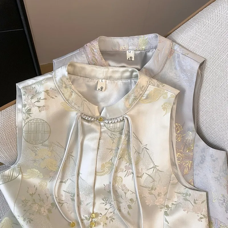 Nuevo estilo chino pequeño cuello redondo disco viento nacional industria pesada bordado top chaleco cardigan señora abrigo