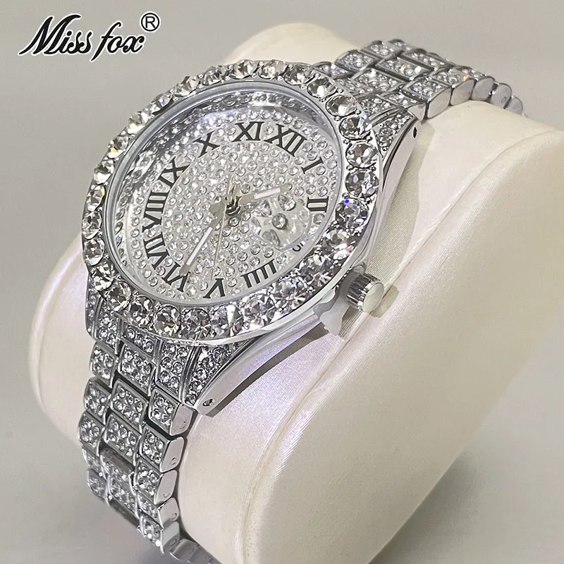 Luxury MISSFOX Sliver Womens Watches DIamond Fashion Wristwatch Waterproof Automatic Date Jewelry Clocks Lady Gift Free shipping