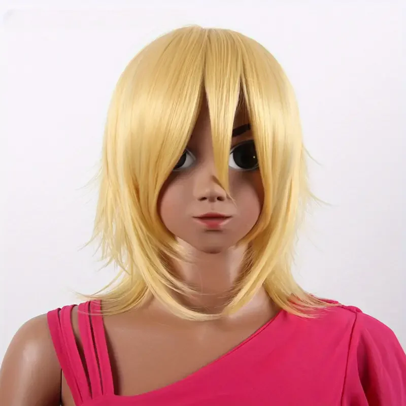 Golden Blonde Synthetic Wig with Curtain Bangs, Layered Style for Women and Girls J47801S - Adjustable Fit for Cosplay J47801S