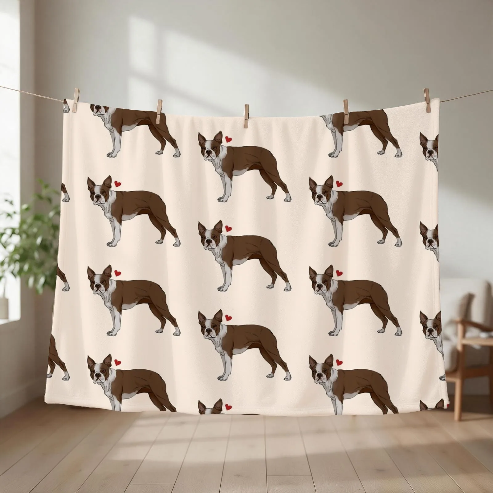 Brown Boston terrier - cream background Throw Blanket couch cozy soft plush fuzzy picnic outdoor blanket