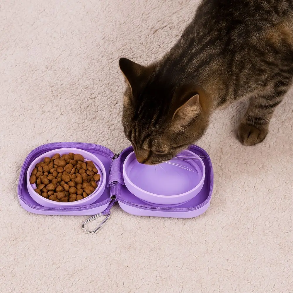 Portable Cat Silicone Folding Bowl Collapsible Integrated Type Cat Double Bowl with Zipper Pet Outdoor Drinking Bowl Travel