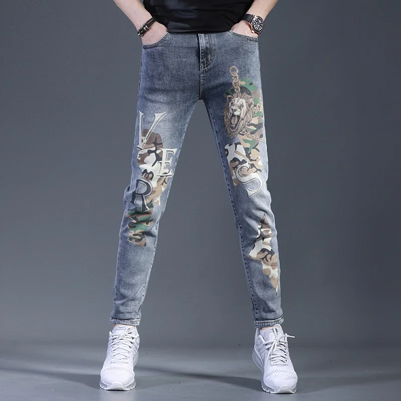 

Fashion Printed Summer Blue Jeans Men Korean Style Casual Slim Fit Pencil Pants Streetwear Stretch Denim Trousers