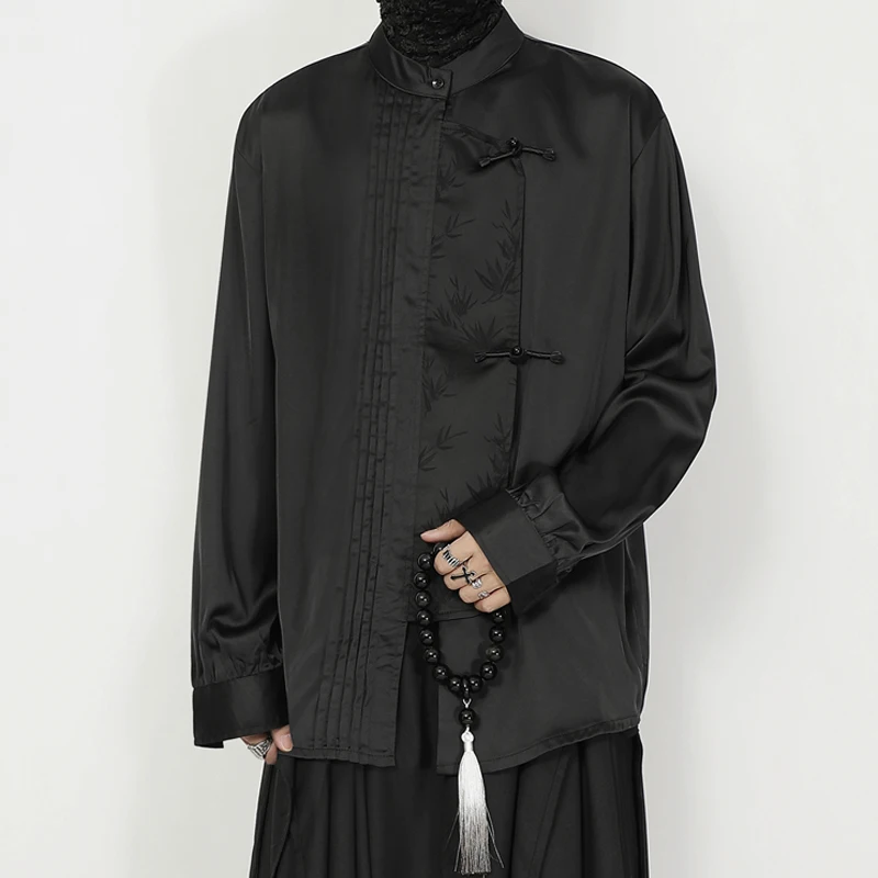 

NDNBF yamamoto style homme 2024 Spring New Black Hanfu Casual Zen Chinese Standing Neck Button Loose Long sleeved Shirt