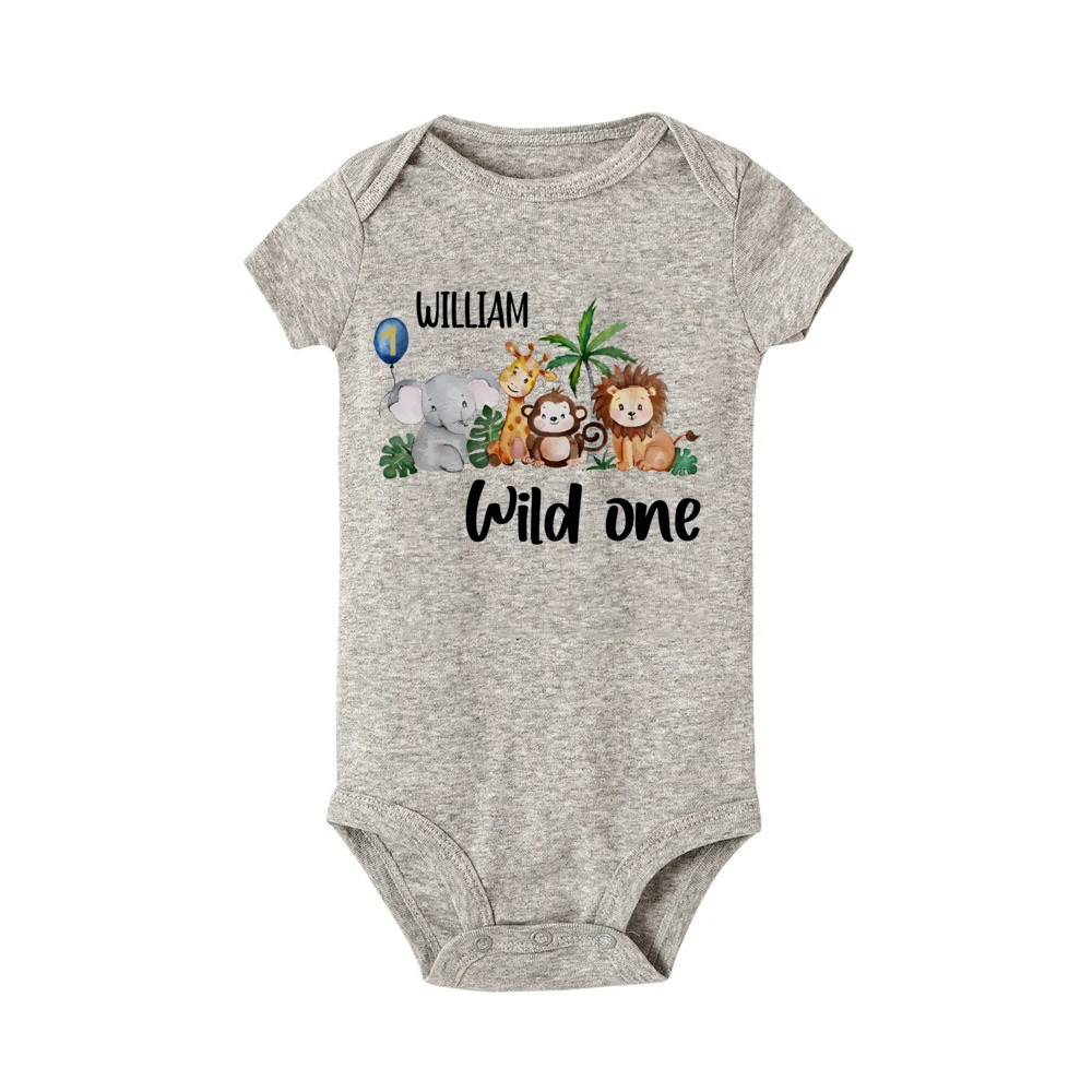 Custom Name Wild ONE&Animal Print Infant Bodysuit Personalized Birthday Short Sleeve Baby Romper Birthday Boy Clothes