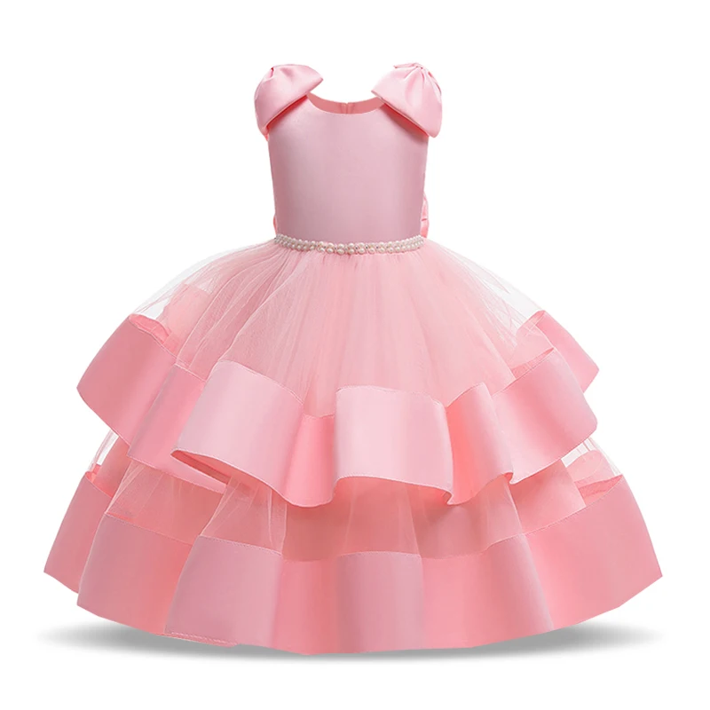 Girls Princess Party Dress Lace Beaded Kids Wedding Bow Clothes Tutu Ceremony Birthday Children Custumes Evening Vestidos