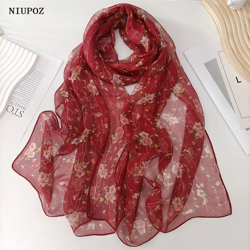 Red Small Flower Women Elegant Chiffon Georgette Bandana Scarf Summer Beach Sunscreen Thin Hijab