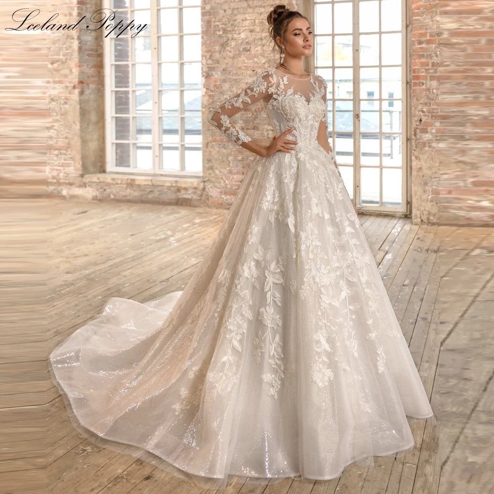 

Lceland Poppy Scoop Neck A Line Shiny Tulle Wedding Dresses Full Sleeves Beaded Bridal Gowns with Chapel Train