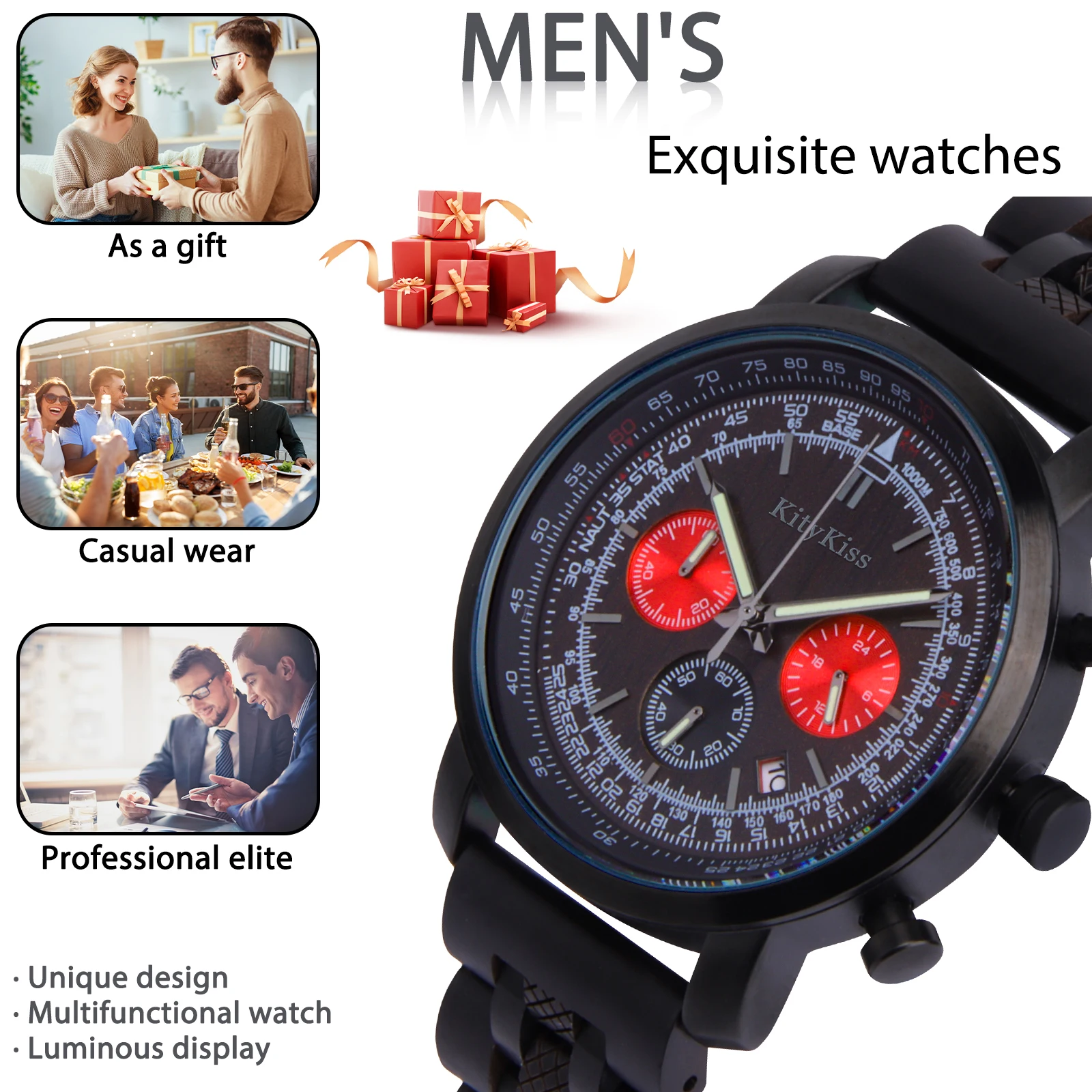 

KityKiss Alloy Combined Wood Watch Men's Waterproof Luxury Fashion Watch Military Multifunctional quartz Gift Wood Watch