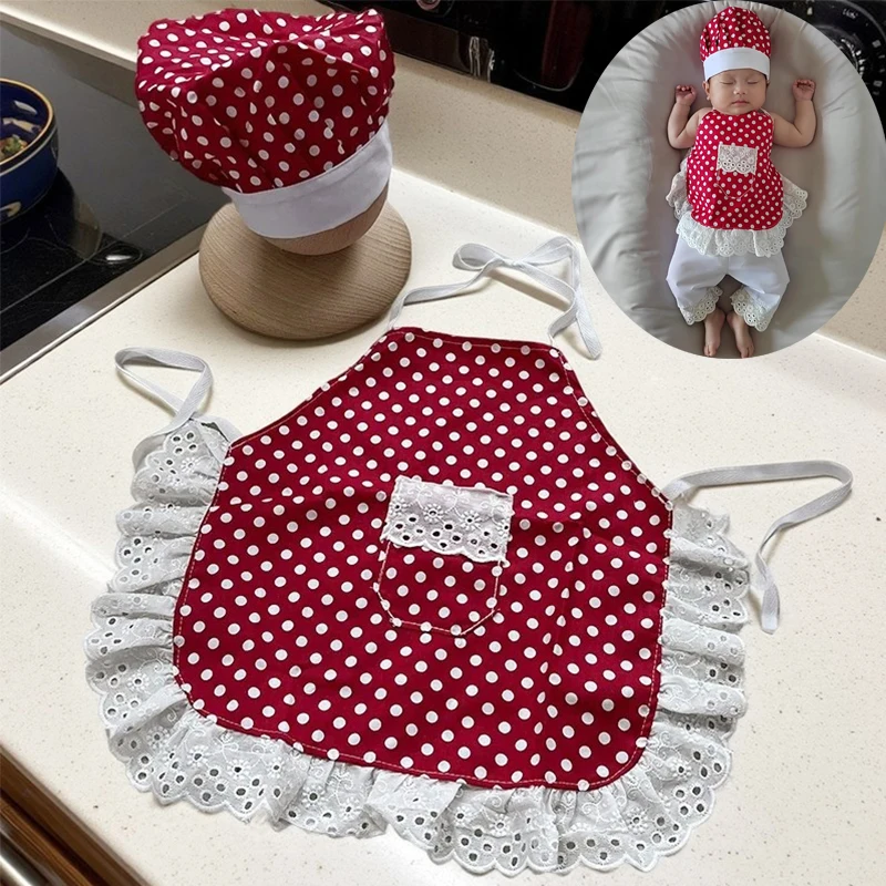 

Cute Baby Chef Cosplay Costume Newborn Photography Outfits Chef Hat and Lace Apron Sets for Infant Girl/ Boy Photos Props