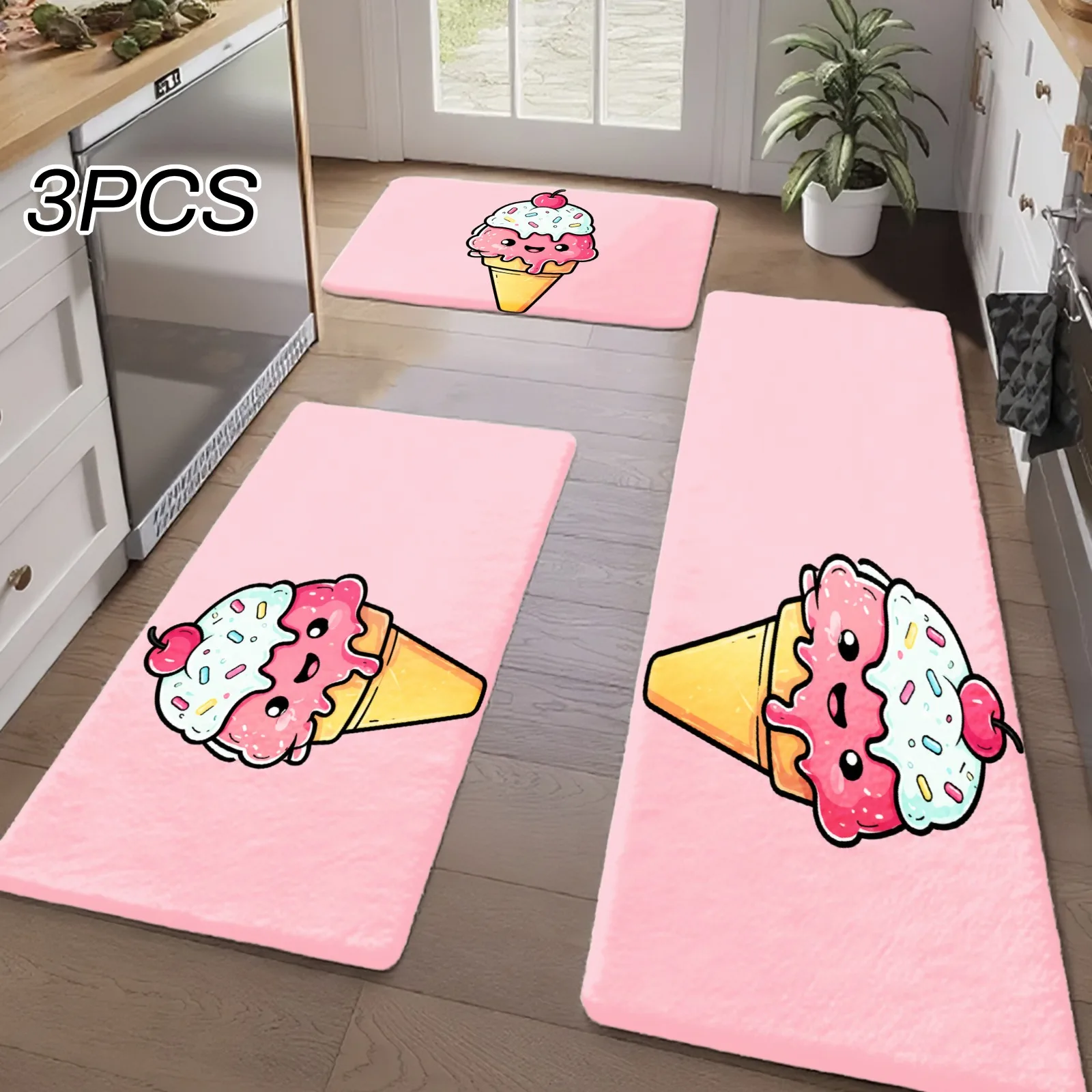 3PCS Kitchen Rugs,Home Decoration for Front Door, Kitchen, Bathroom, Cute Ice Cream Cartoon Pattern Print Dining Mat
