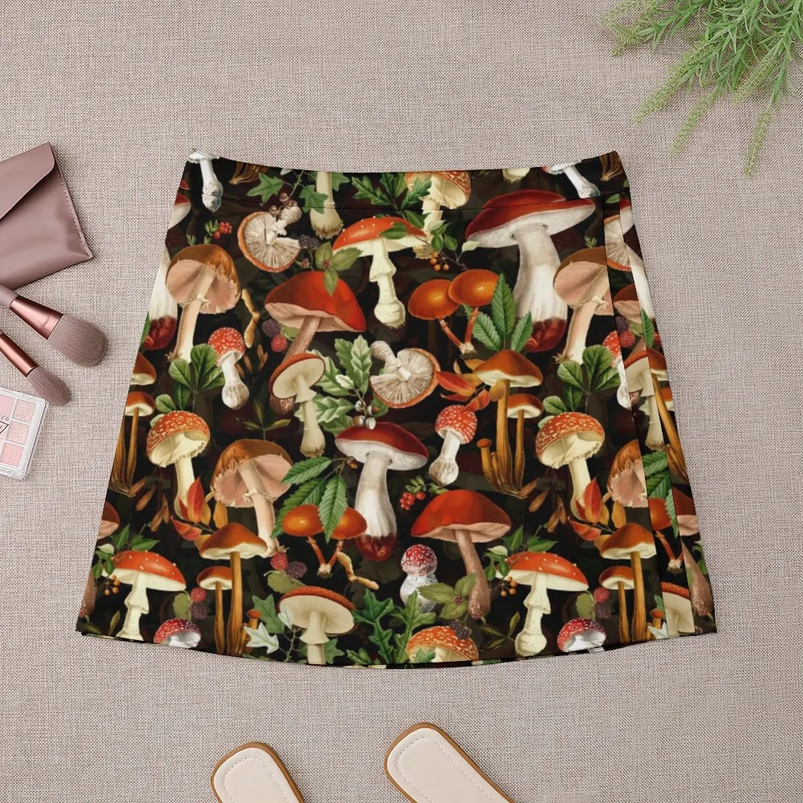 Vintage Red Mushrooms Forest Botanical Night Garden Pattern - Black Mini Skirt Women's skirts dresses for prom Sexy mini skirt