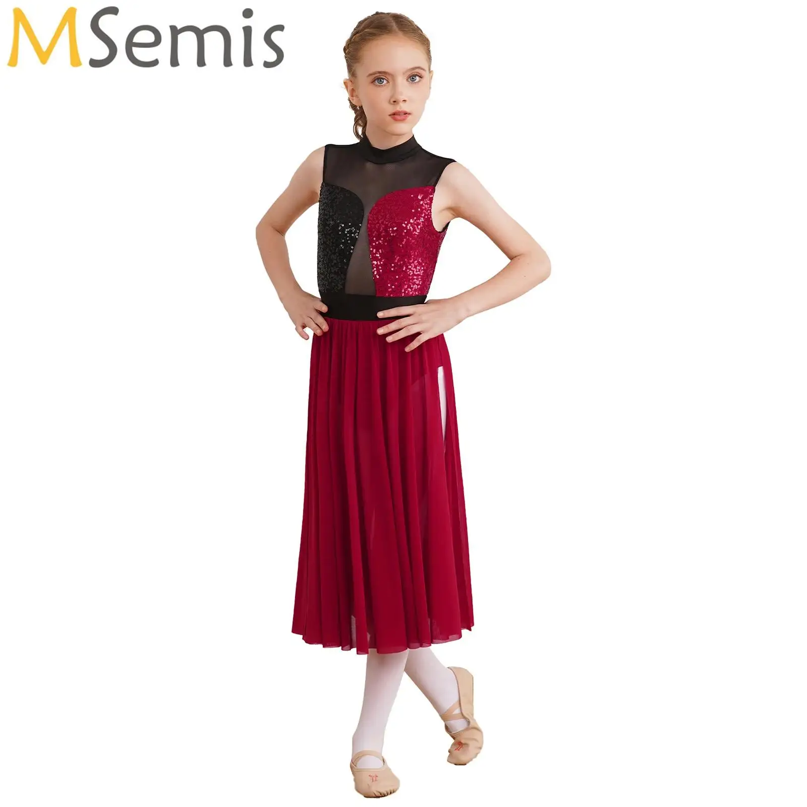 

Kids Girls Modern Lyrical Dance Dress Ballet Gymnastics Leotard Sequins Side Split Sheer Mesh Tutu Skating Performance Costume