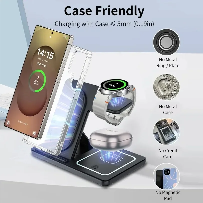 3 في 1 شاحن لاسلكي قابل للطي حامل مكتبي لساعة سامسونج S24 S23 جالاكسي 2-8 نشط 1 2 براعم Pro LED محطة شحن سريعة #5