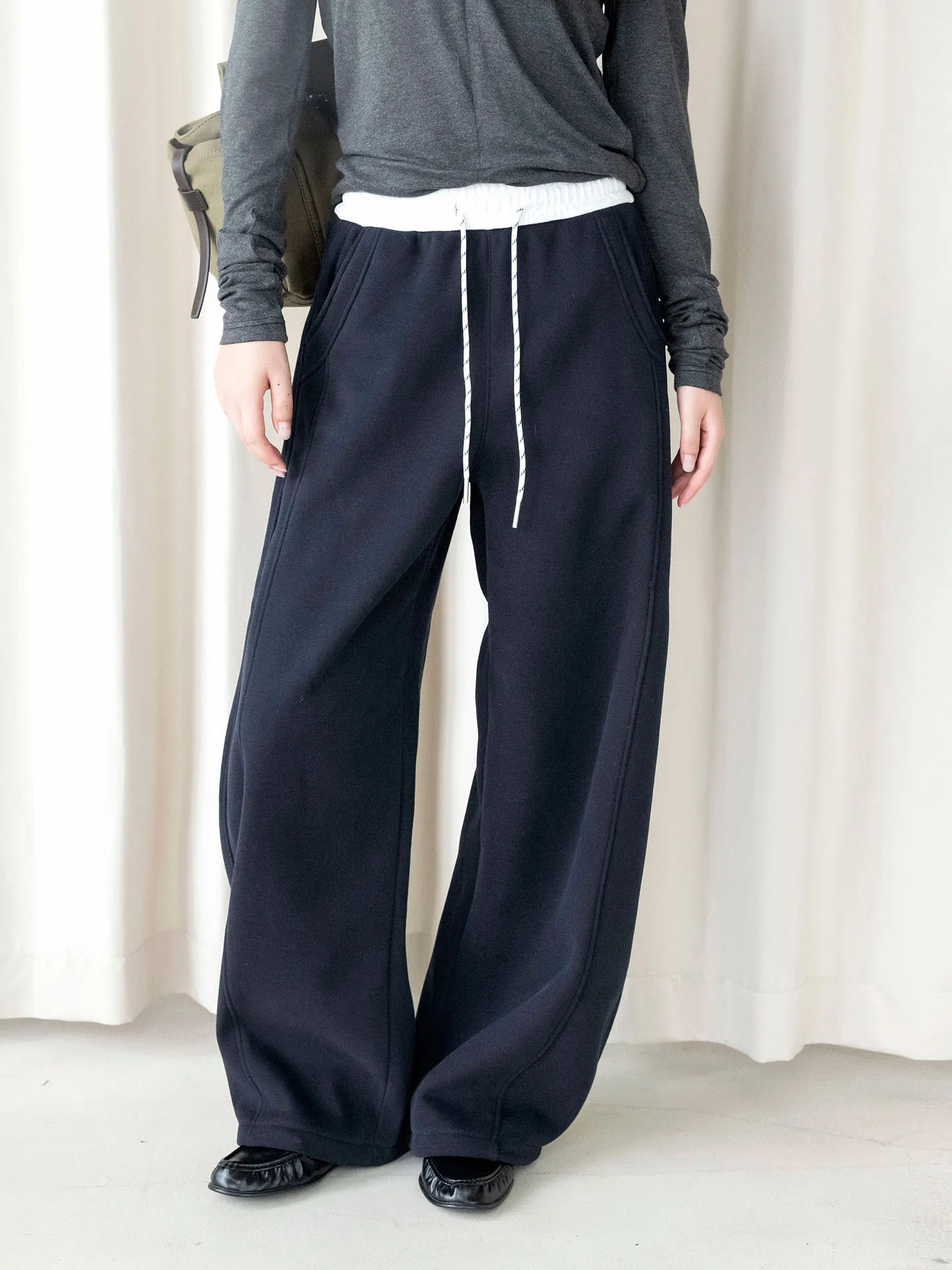 Autumn and Winter New Japanese Style Color blocked Waist Head Bright Thread Fleece Casual Pants Wide Leg Pants for Women