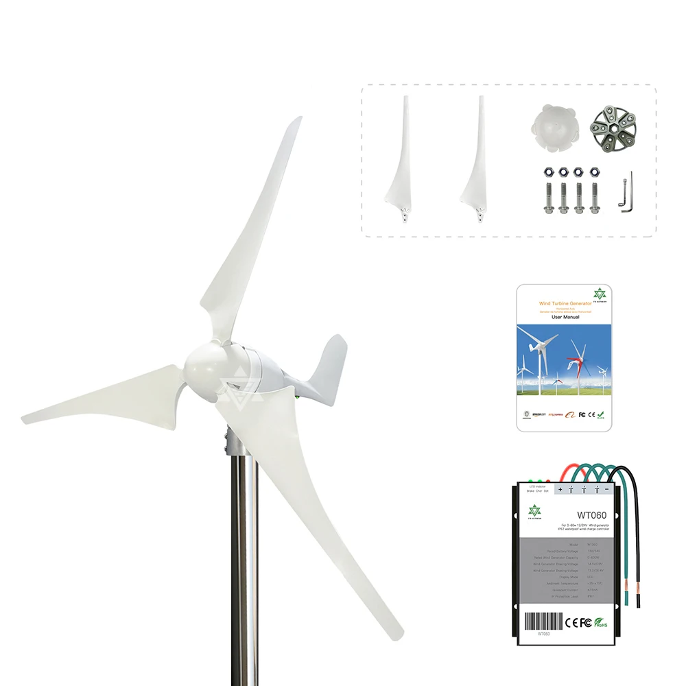 400w Small Wind Turbine Generator 2m/s Low Start Speed AC12v 24v With MPPT Controller Flexibly Assemble 3 or 5 Blades  With LED