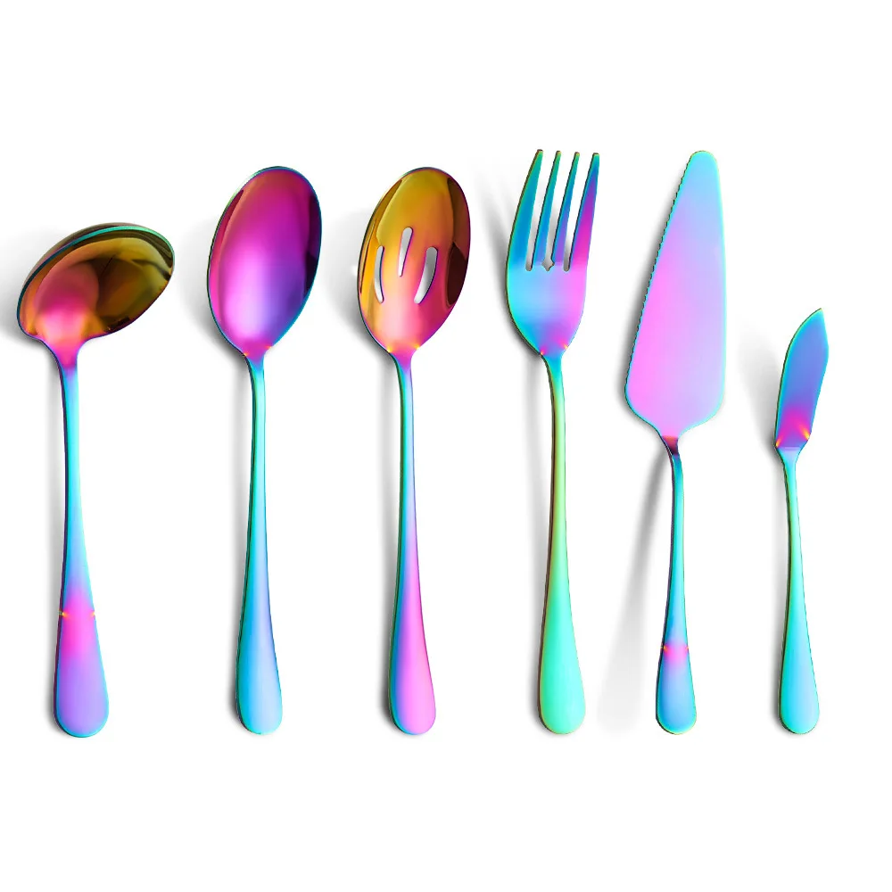 7/11pcs Titanium Plating Stainless Steel Serving Spoons Fork Set Salad Soup Butter Knife Utensils Flatware For Buffet Canteen