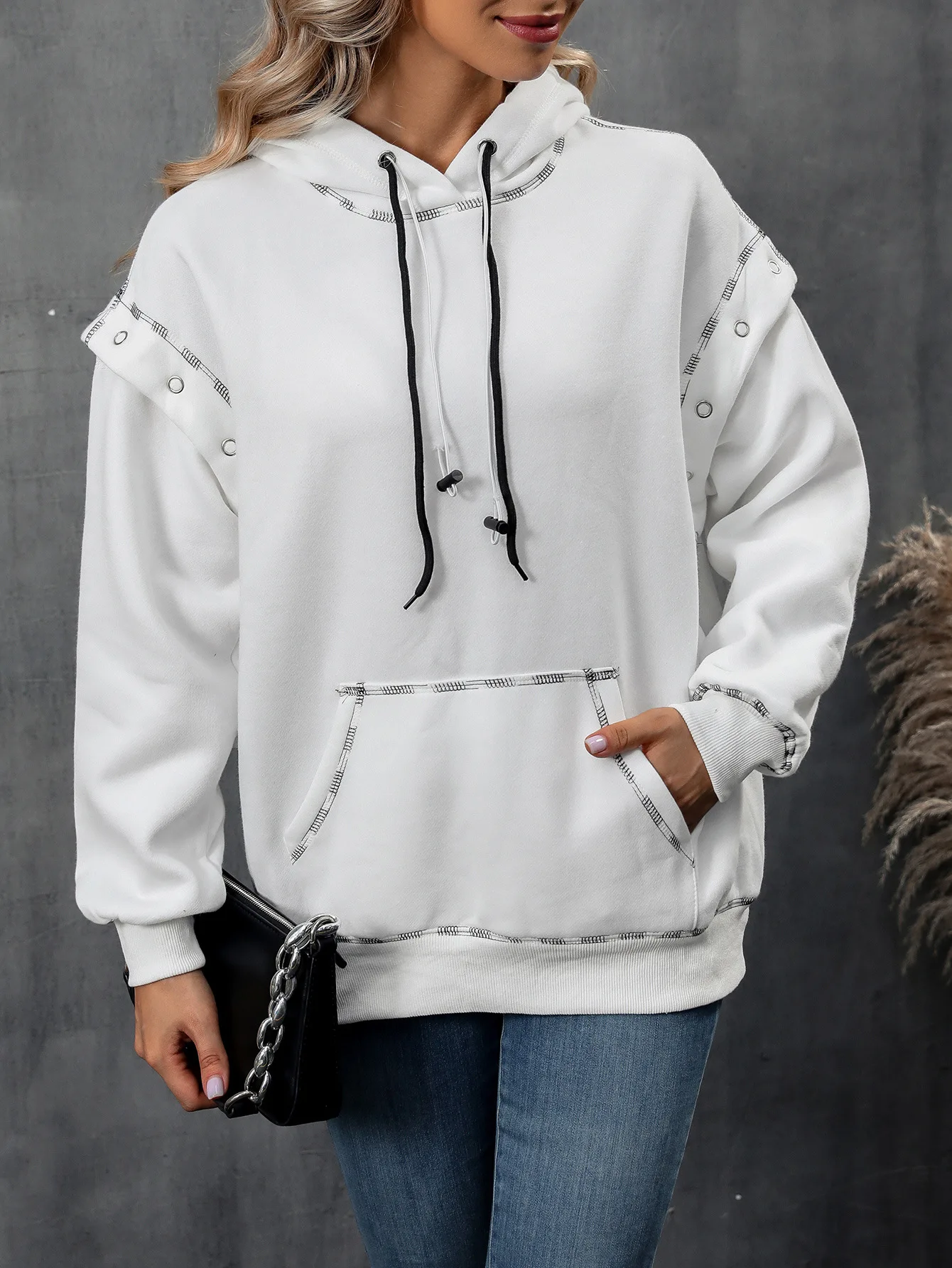 2025 Autumn and Winter Women's Hooded Sweatshirt with Shoulder Sleeves and Drawstring Long Sleeved Sweatshirt Top