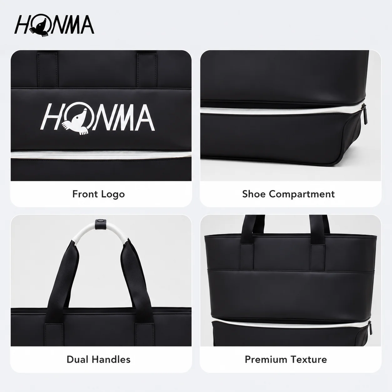 HONMA Golf Tote Bag PU Leather Travel Bag with Independent Shoe Compartment Dual Handles Black White