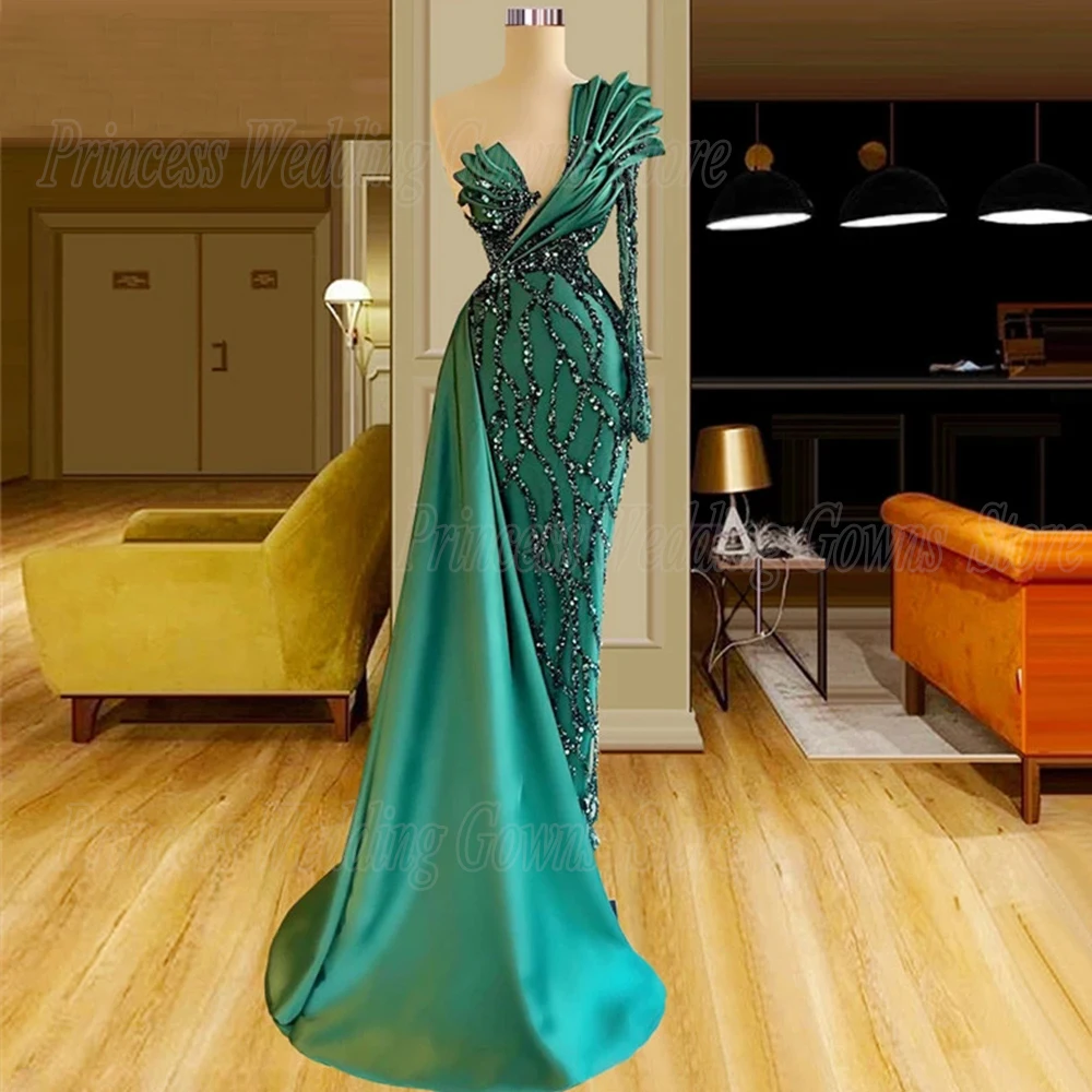 Customized Vintage Prom Dress For Woman Pleat Shine Sequin Satin Evening Party Gown Sweep Train One Shoulder Sexy Custom Vestido