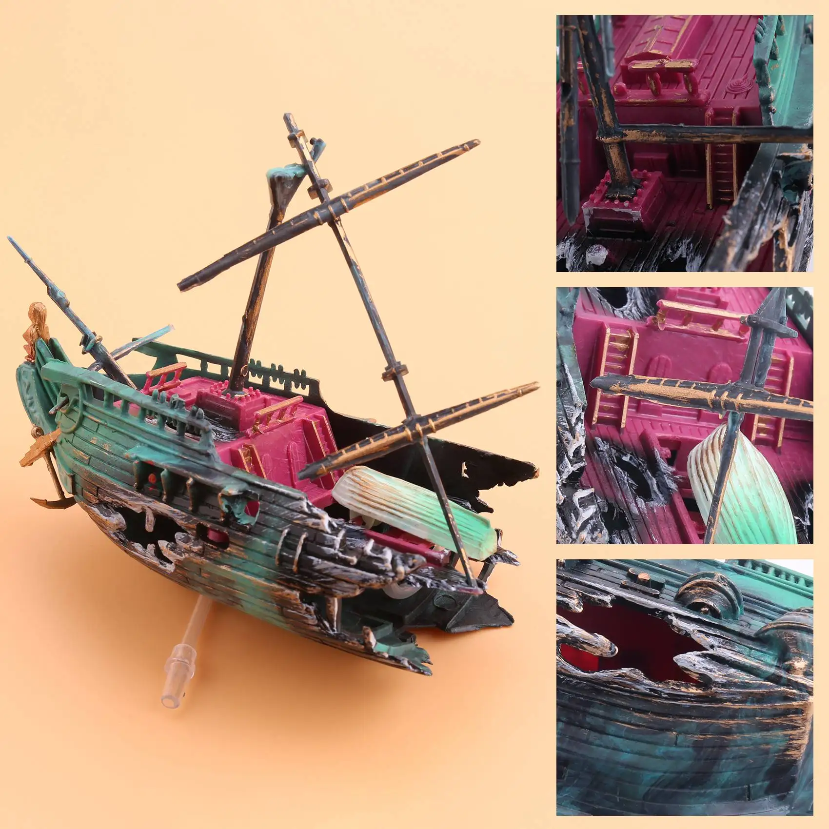 J1UL1N Large Aquarium Decoration Boat Plactic Aquarium Ship Air Split Shipwreck Fish Tank Decor C