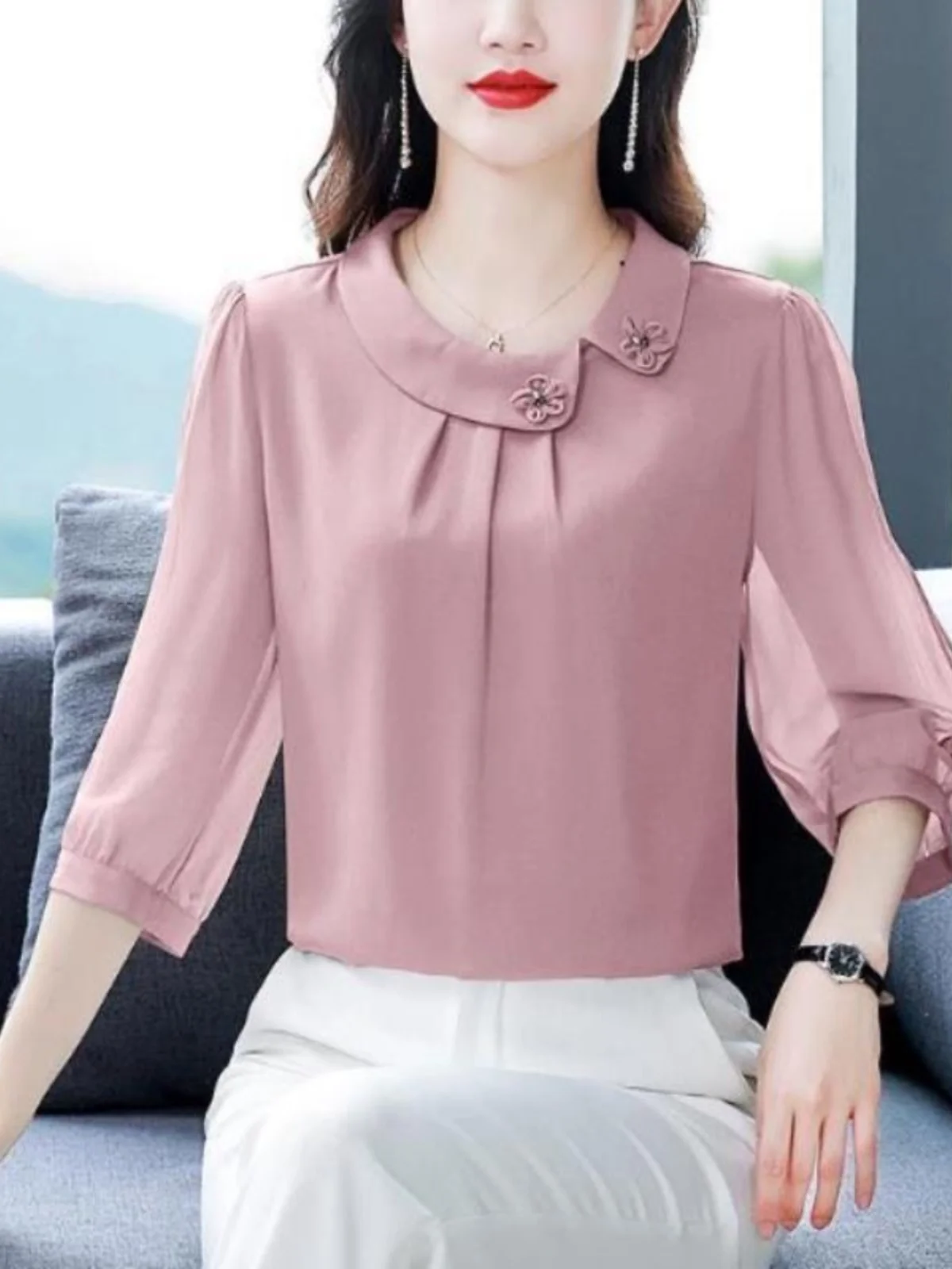 

Ele Mom Summer Faion 2025 Chiffon Top Loose Belly Covering Age-Defng Seven-Sve Simple High-End Women's Blouse