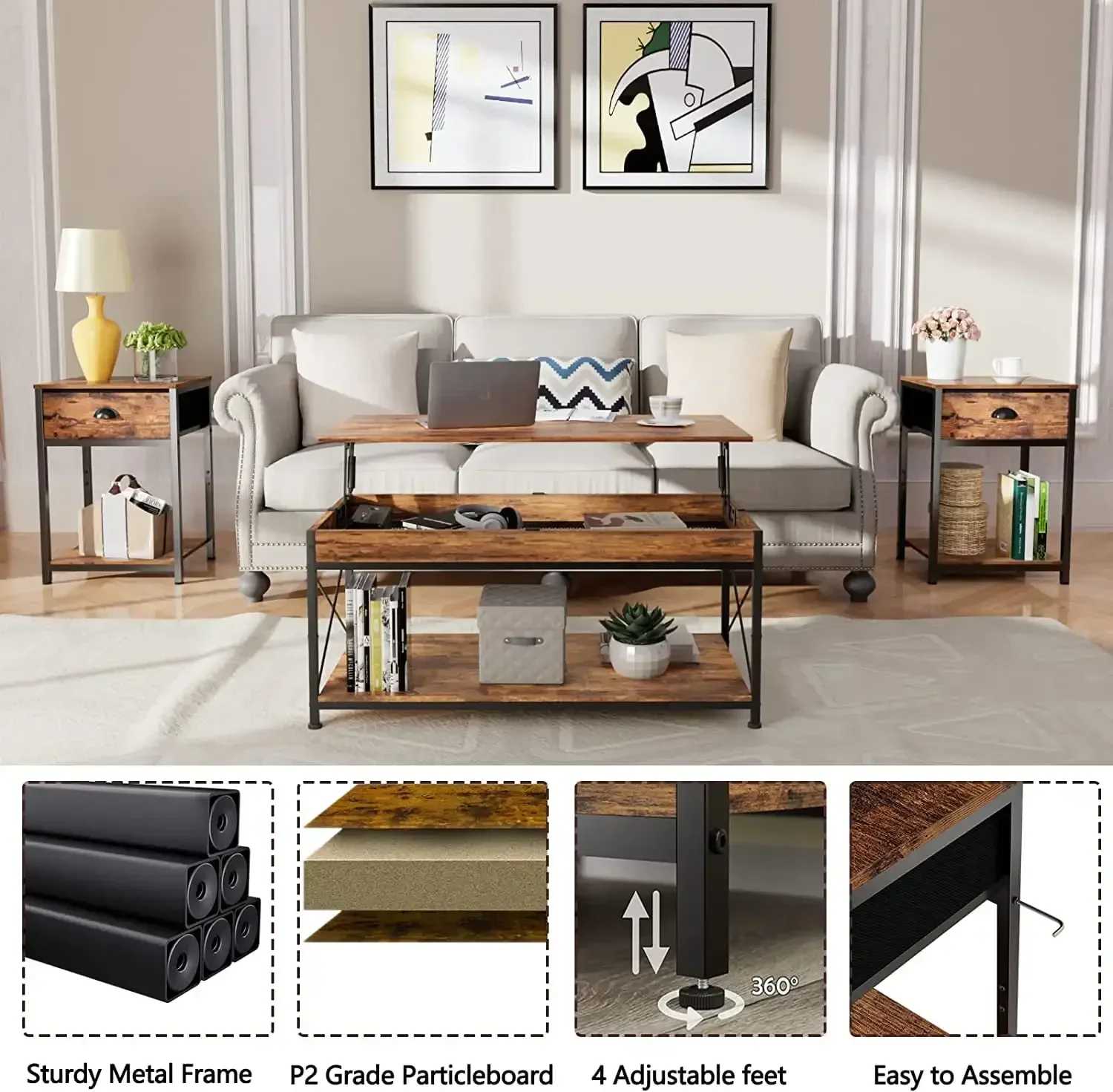 Nightstands Set of 2, Industrial End Table with Fabric Drawer & Storage Shelf,Sturdy Side Table for Living Room, Bedroom