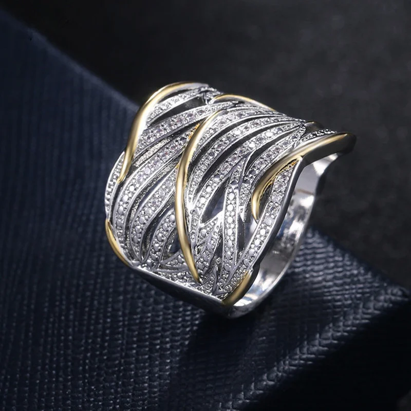 Ofertas Micro Inlaid Zircon Winding Multilayer Gold Color Geometric Irregular Two-tone Ring for Women Party Jewelry Accessories