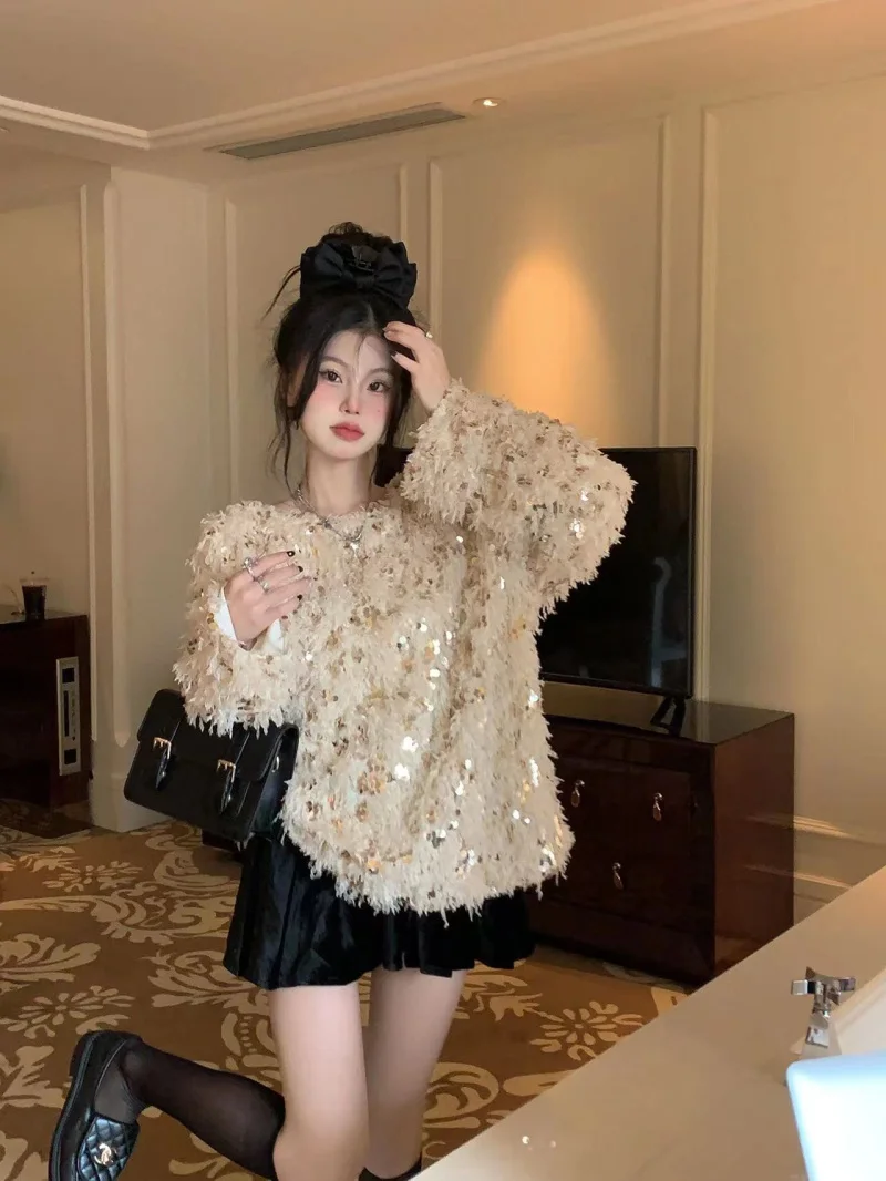 

BlingBling Sequins Feather Sweater Women's Fall and Winter Premium Niche Design Top