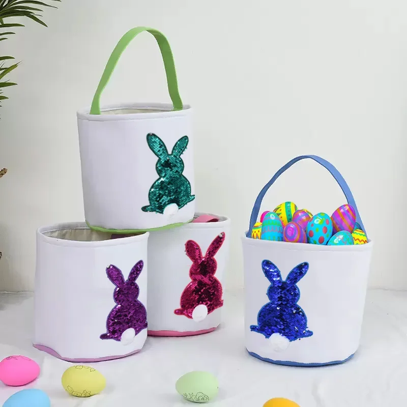 Easter Canvas Bucket Easter Handmade Color Egg Bag Bunny Sequins Tote Candy Bag Happy Party Supplies Home Decoration Kids Gift