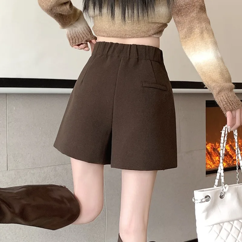 Dicker Shorts Frauen Wolle A-line Alle-spiel Freizeit Hohe Taille Koreanische Mode Baggy Reine Farbe Breite Bein Herbst Streetwear ins