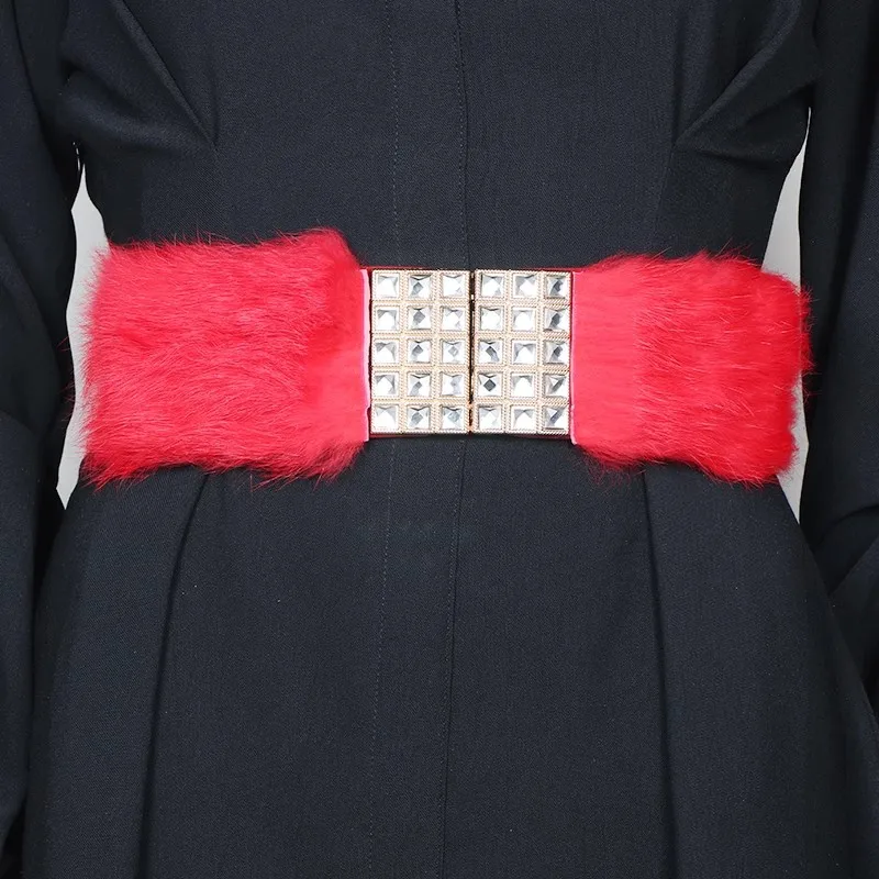 Women's Fashion Vintage Faux Fur Elastic Corset Female Cummerbund Coat Waistband Dress Decration Wide Belt  J173