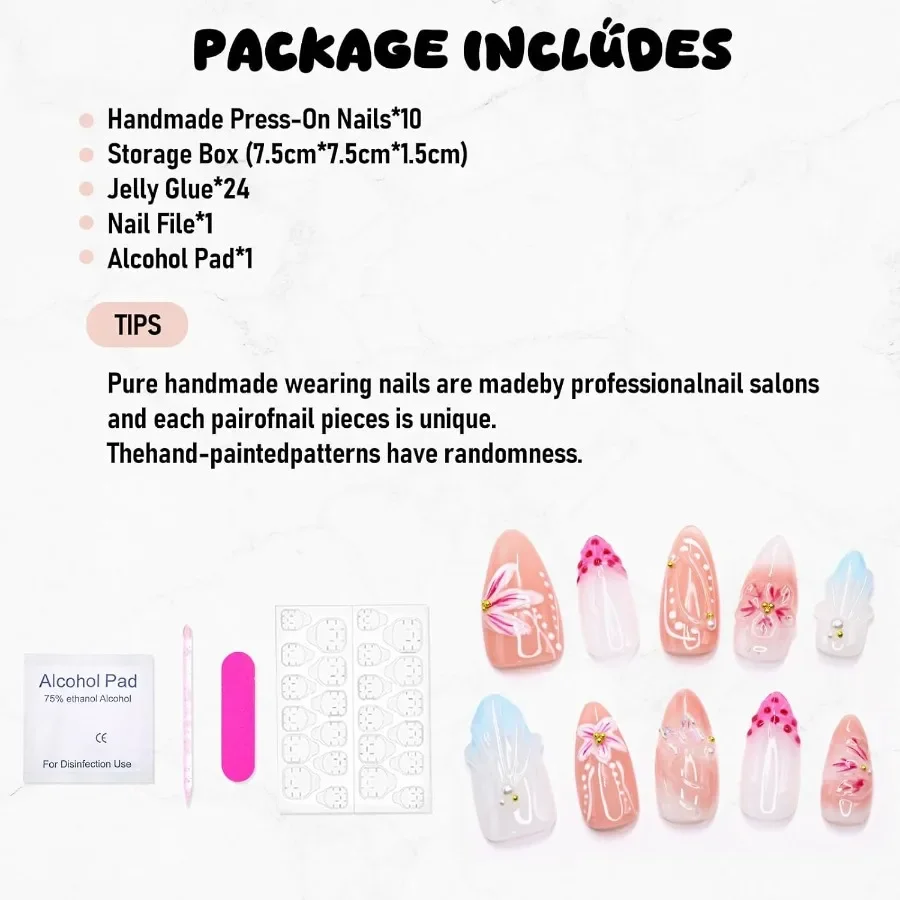 Blumenpresse auf den Nägeln für Frauen, mittelgroße Mandelform mit französischem Spitzendesign, handgefertigte Wasserwellen mit 3D-Blumen- und Schmetterlingsmuster