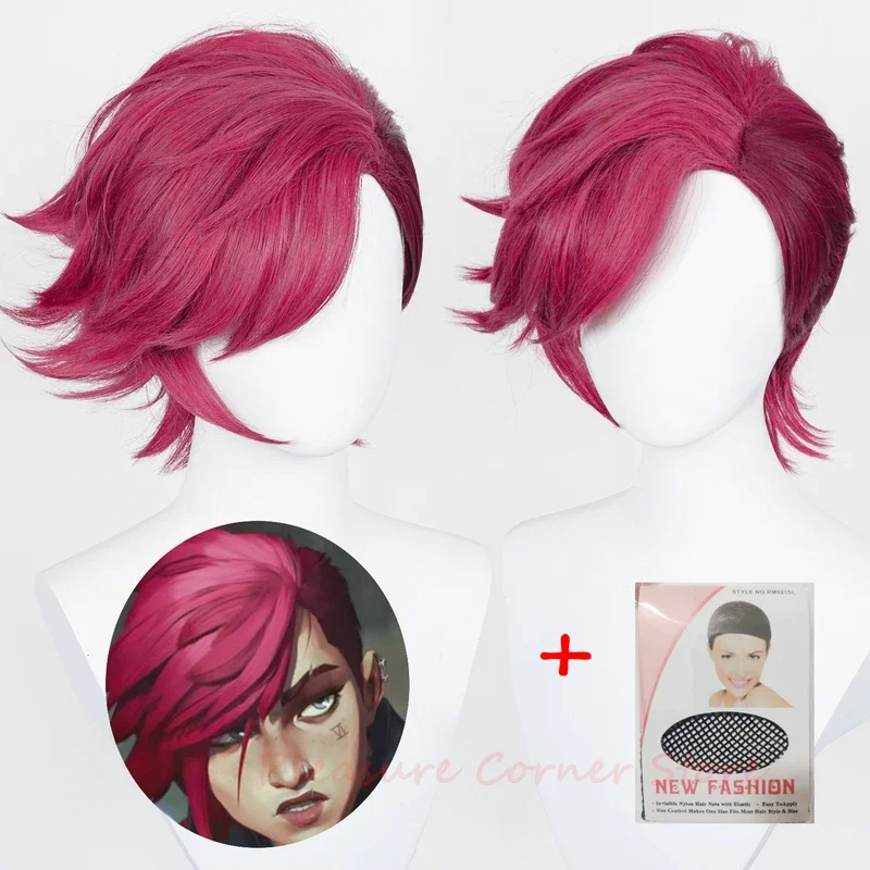 

11Game LOL Arcane Vi Cosplay Wig VI Deep Rose 30cm Short Heat Resistant Synthetic Role Play Wigs