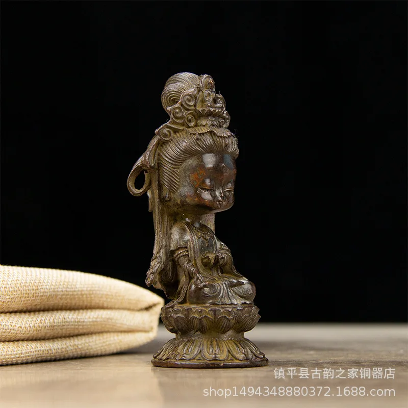 Brass Antique Cartoon Lotus Figurine Copper Guanyin Bodhisattva Ornament for Living Room Office Store Decoration